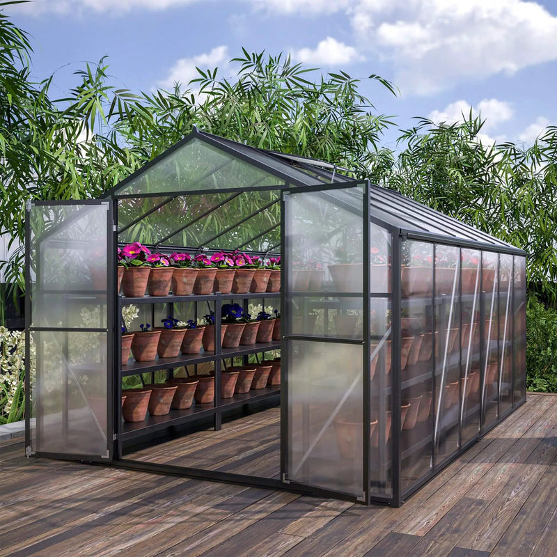[08X12FT] Large Outdoor Heavy-Duty Polycarbonate Walk-In Greenhouse With Double Swing Doors And Two Ventilation Windows (SAK73651) by SAKSBY WHOLESALE