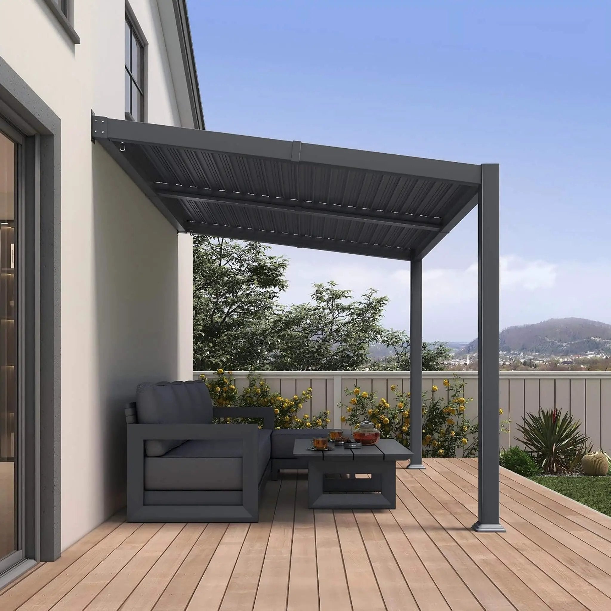 [08X12FT] Modern Wall-Mounted Louvered Pergola With Aluminum Frame (SAK25902) by SAKSBY WHOLESALE
