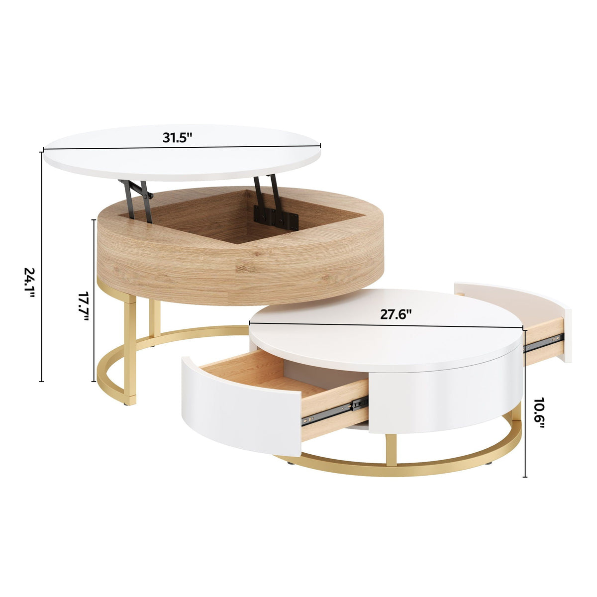 Modern Round Nesting Coffee Tables with Lift-Top and 2 Drawers - White or Black, photo 3 of 8