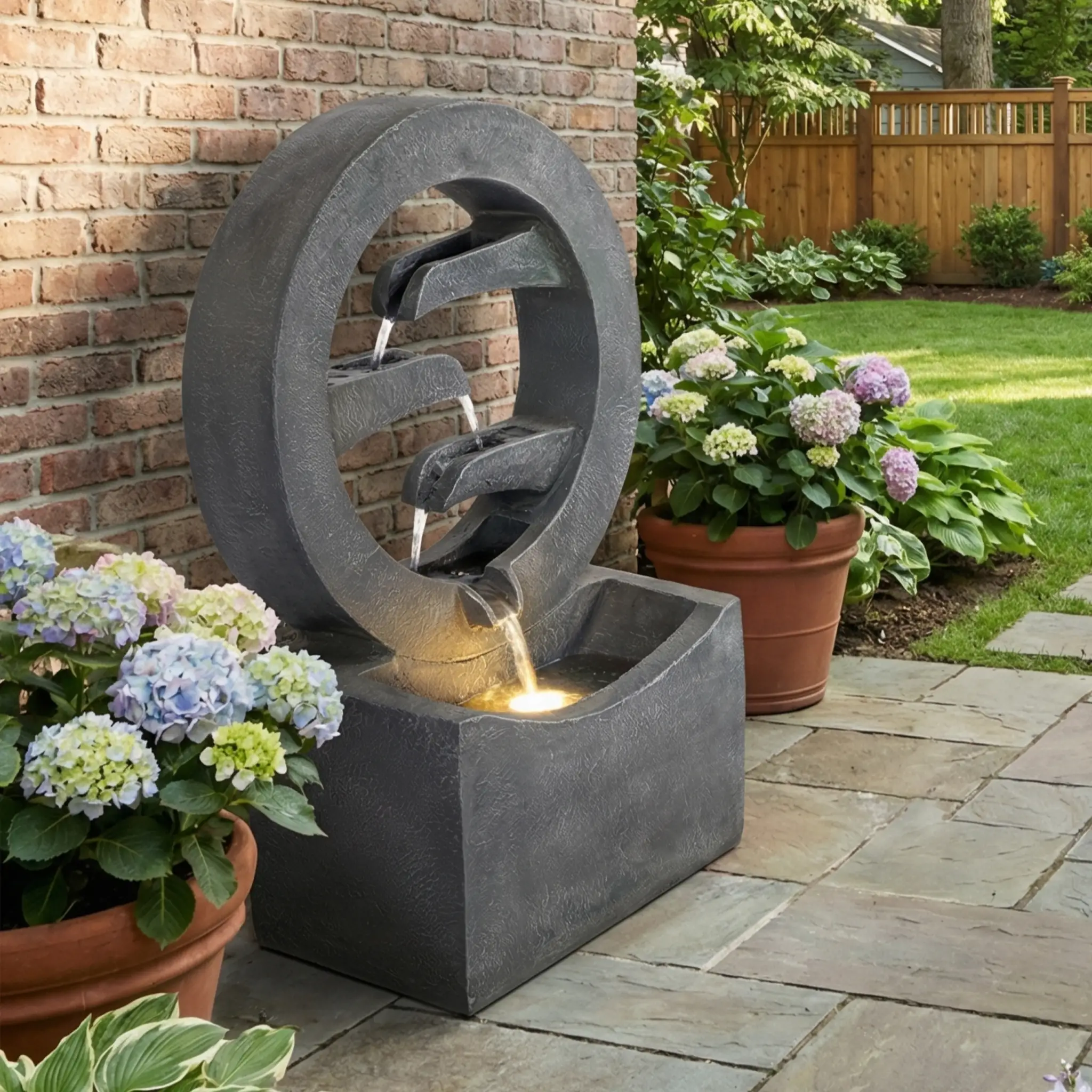 26.77'H Gray Circular Polyresin Outdoor Water Fountain with LED Light by HouseOfZazla