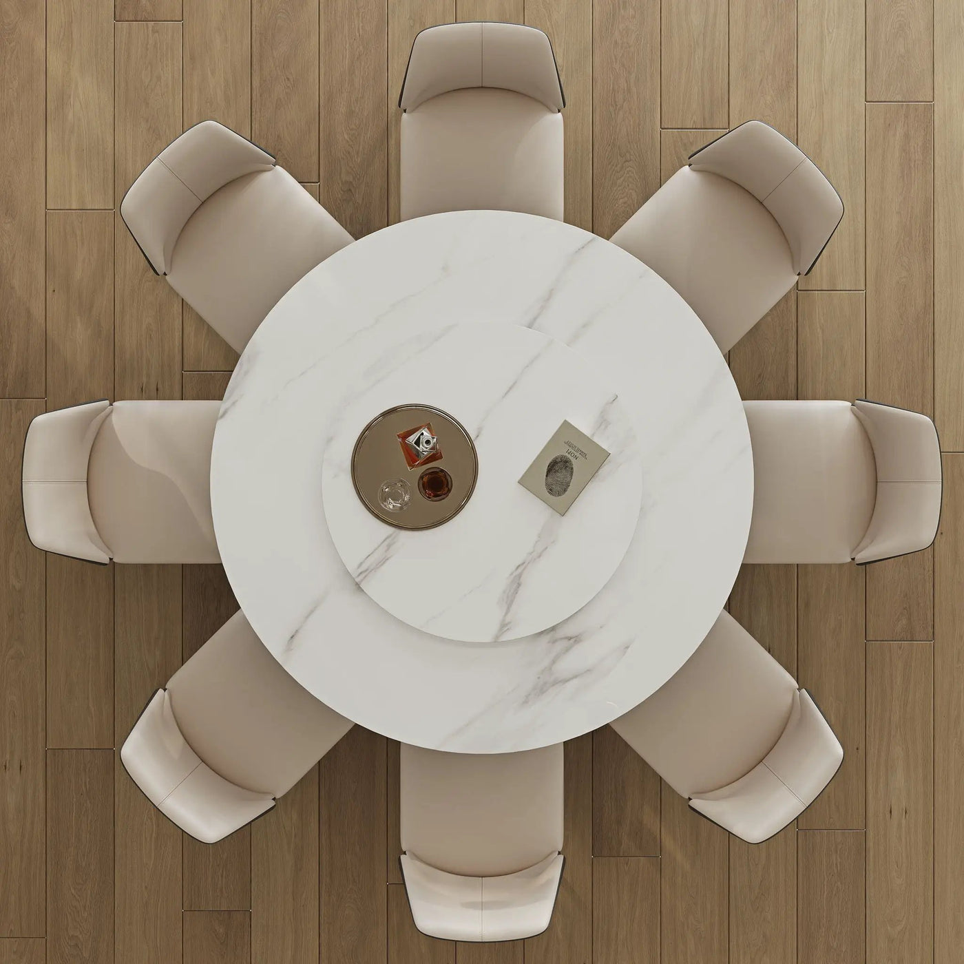 Modern Sintered Stone Dining Table With Round Turntable, Metal Pedestal, And Chairs by HouseOfZazla