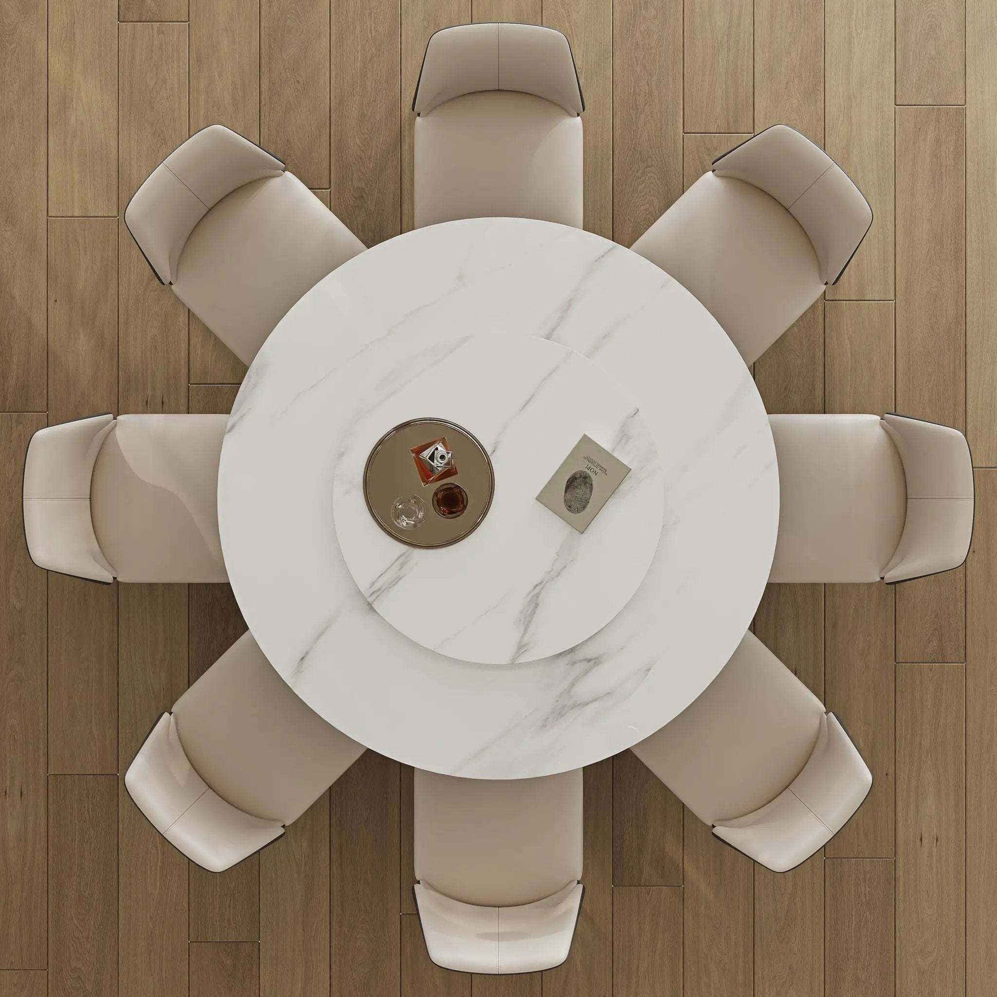 Modern Sintered Stone Dining Table With Round Turntable, Metal Pedestal, And Chairs by HouseOfZazla