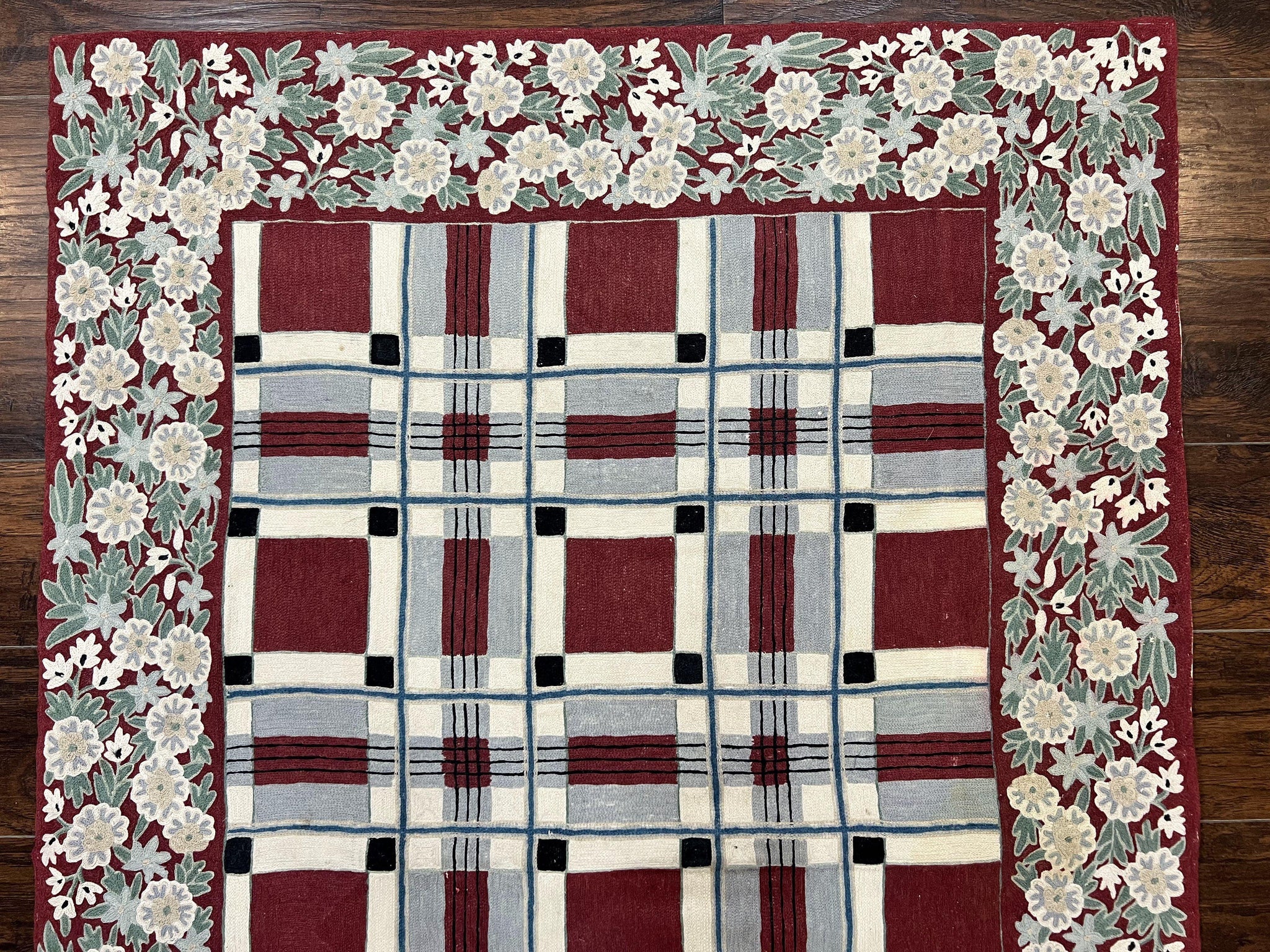 Indian Hand Stitched Rug 4x6, Vintage Carpet, Checkerboard Floral Pattern, Maroon Ivory, Flatweave, Wool by Jewel Rugs