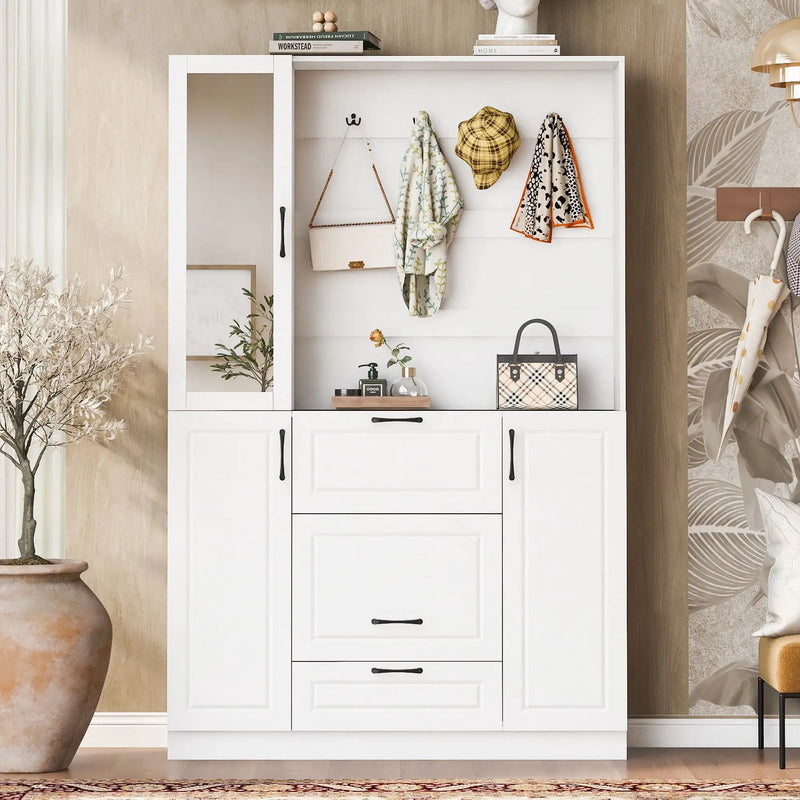 Entryway Bench With Integrated Shoe Cabinet, 3 In 1 Design And Mirrored Cabinet Door, Hall Tree With 4 Sturdy Hooks And Foldable Seat For Entrance, Living Room - White by HouseOfZazla
