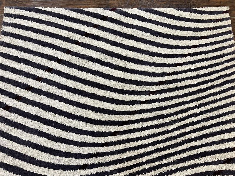 Vintage Zebra Stripes Shag Rug 5.7 x 7.4, Black and White, Retro, Wool by Jewel Rugs