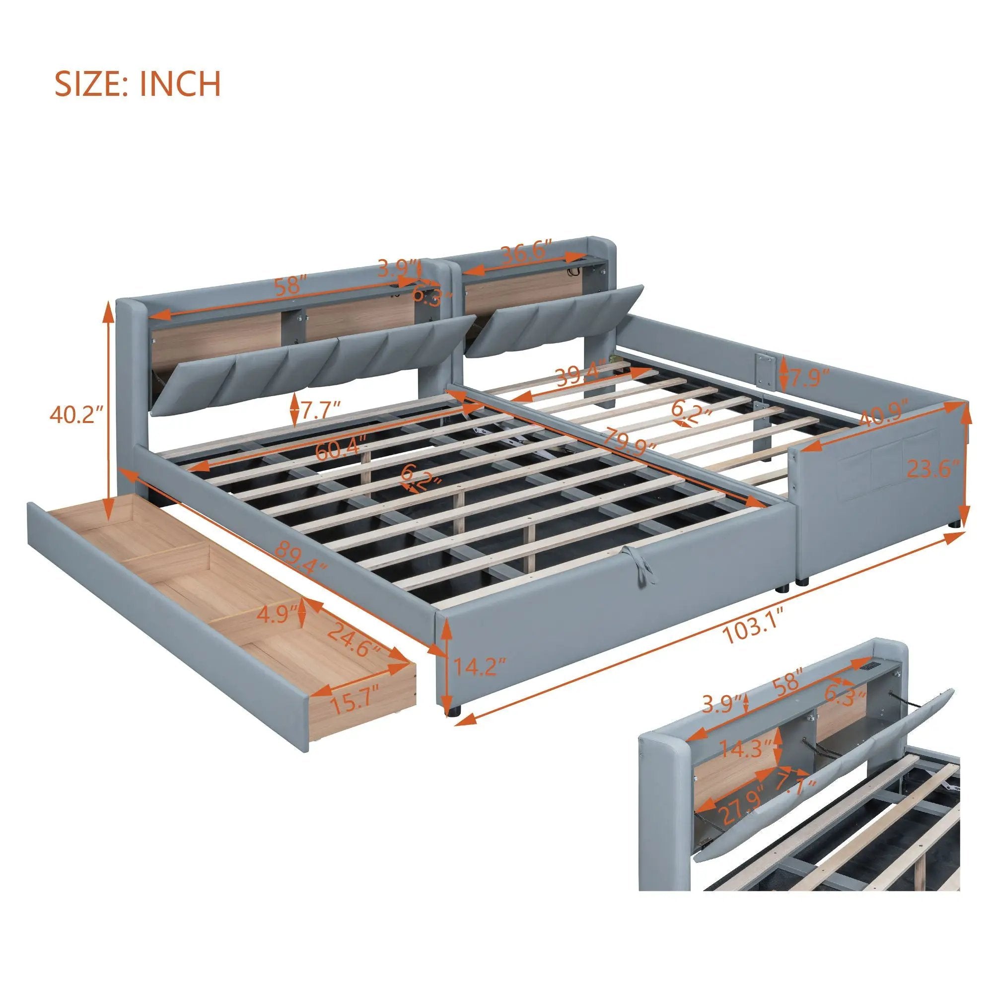 Upholstered Mother & Child Bed With Hydraulic Storage System, Drawer Box, Bedhead Storage Shelf And 2 Pairs Of Sockets & USB Ports by HouseOfZazla
