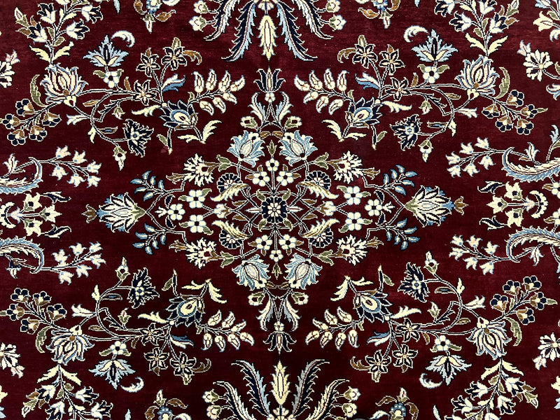 Indo Persian Sarouk Rug 9x12, Floral Allover, Dark Red & Navy Blue, Handmade Vintage Wool Carpet by Jewel Rugs