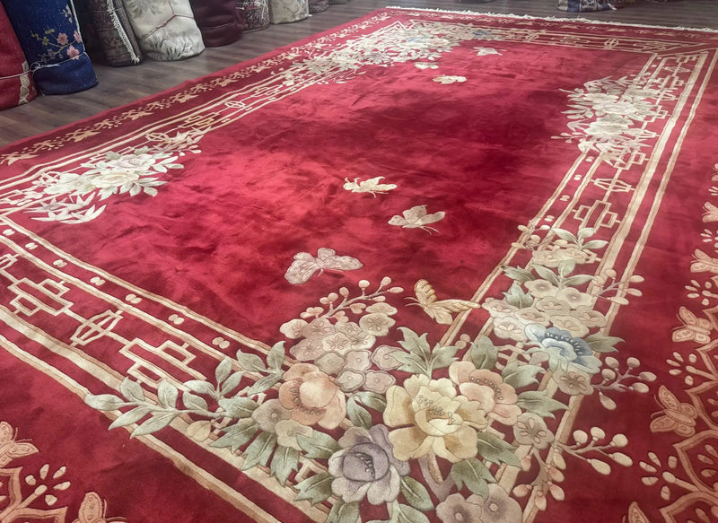 Palace Size Chinese Wool Rug 12x18, Red Art Deco Chinese Carving Carpet, Butterflies Flowers by Jewel Rugs