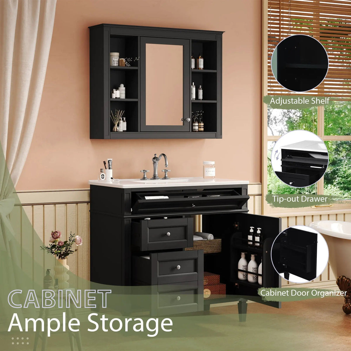 Bathroom Vanity With Mirror Cabinet, Single Sink With 2 Soft Closing Doors And 4 Drawers, photo 6 of 35