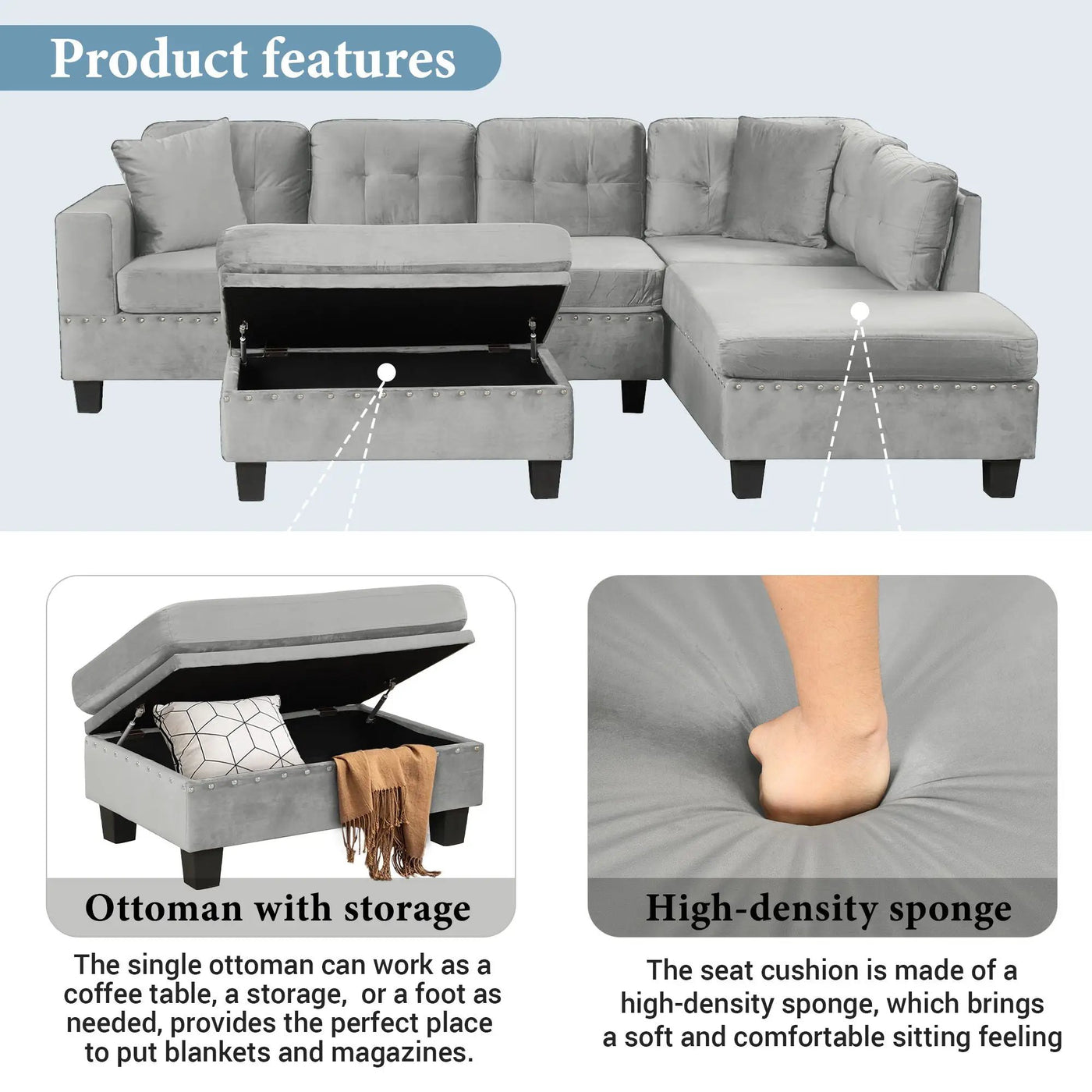 Modern Sectional Sofa With Storage Ottoman, L - Shape Couch With 2 Pillows And Cup Holders by HouseOfZazla