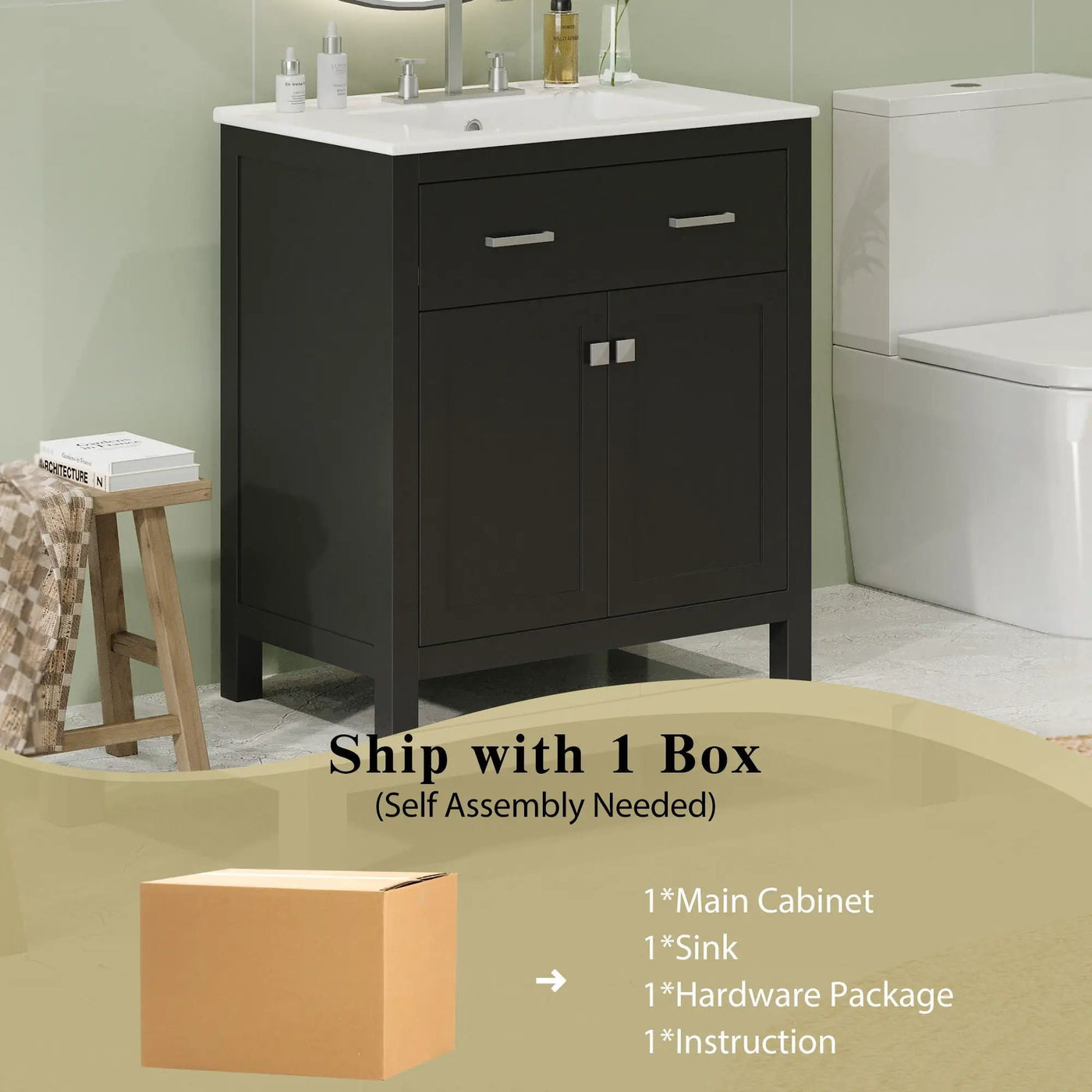 Bathroom Vanity With Ceramic Sink, Modern Single Bathroom Cabinet With 2 Doors And A Shelf, Soft Close Doors by HouseOfZazla