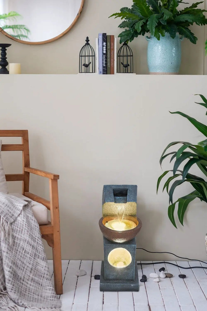 Sculptural Water Fountain With Bowl Basin, With Light And Pump, For Indoor And Outdoor - Brown / Black by Unique Piece Furniture