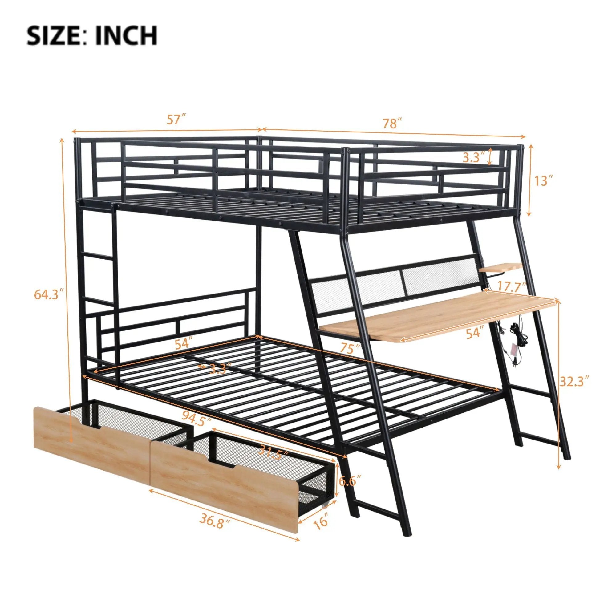 Full Size Bunk Bed With Built In Desk, Light, And 2 Drawers - Black by HouseOfZazla