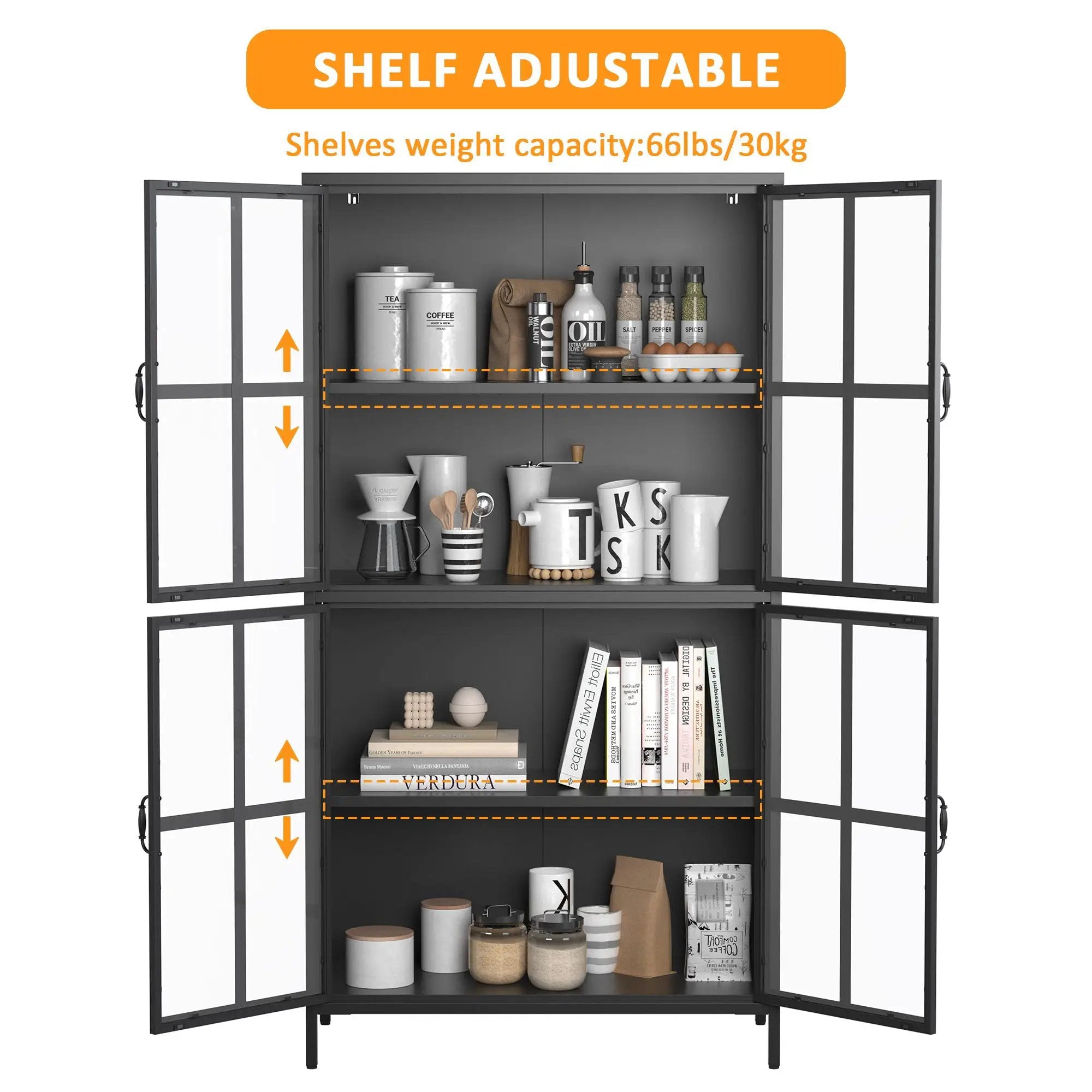 Premium Metal Storage Cabinet With Tempered Glass Doors, Adjustable Shelves, And Anti Tipping Device - Black by Unique Piece Furniture