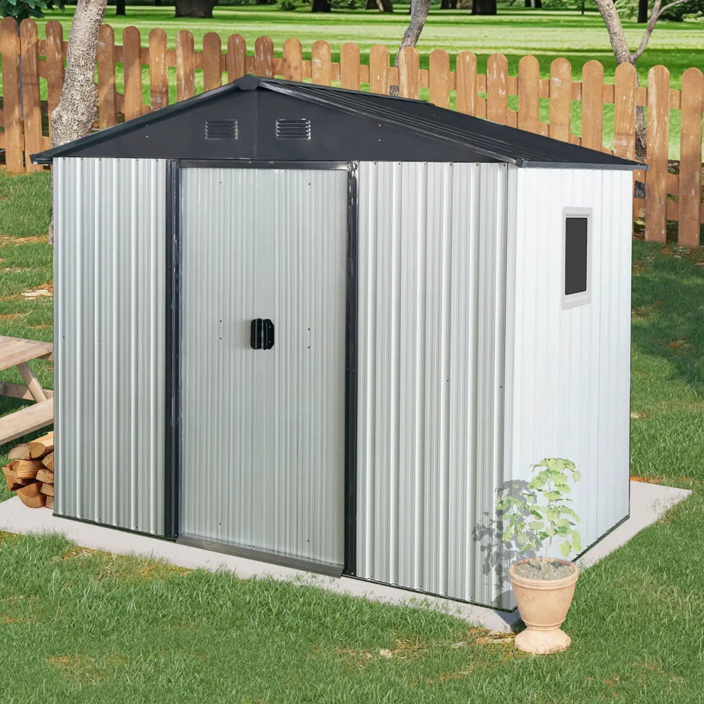 8Ft X 4Ft Outdoor Metal Storage Shed With Window And Metal Foundation For Backyard, Patio, Lawn by HouseOfZazla