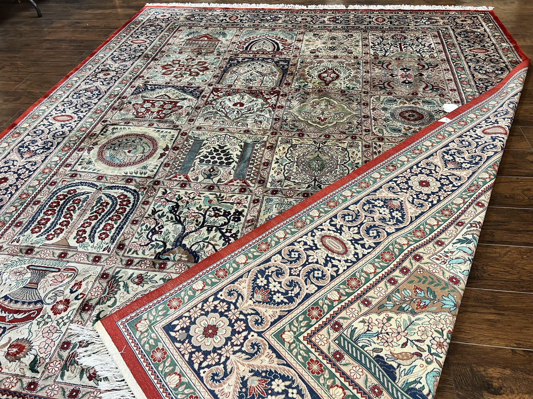 Silk Sino Persian Rug 9x12, Panel Design, Garden of Eden Pattern, Fine 200 KPSI, Hand Knotted Room Sized Silk Carpet, Vintage by Jewel Rugs