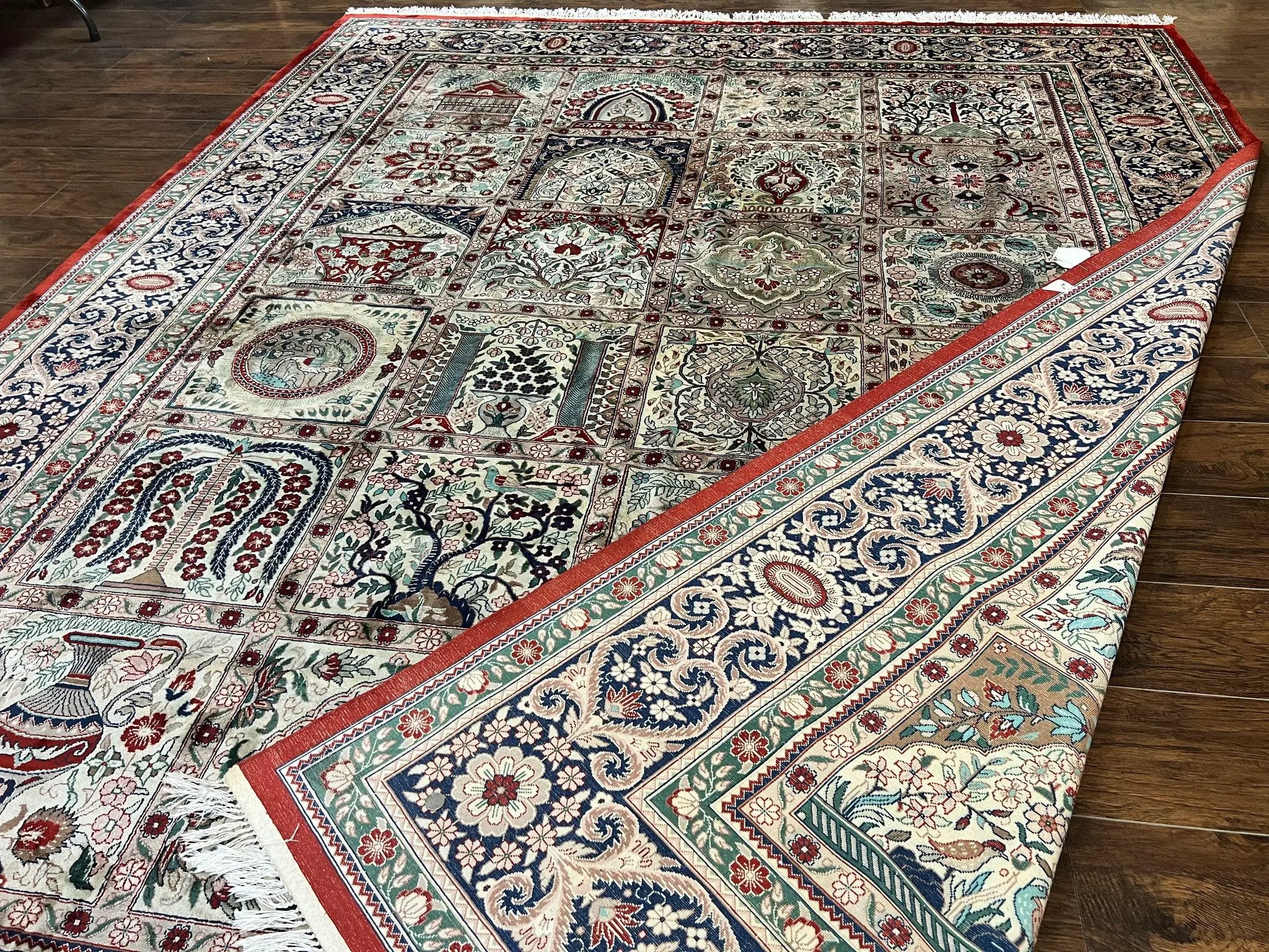 Silk Sino Persian Rug 9x12, Panel Design, Garden of Eden Pattern, Fine 200 KPSI, Hand Knotted Room Sized Silk Carpet, Vintage by Jewel Rugs