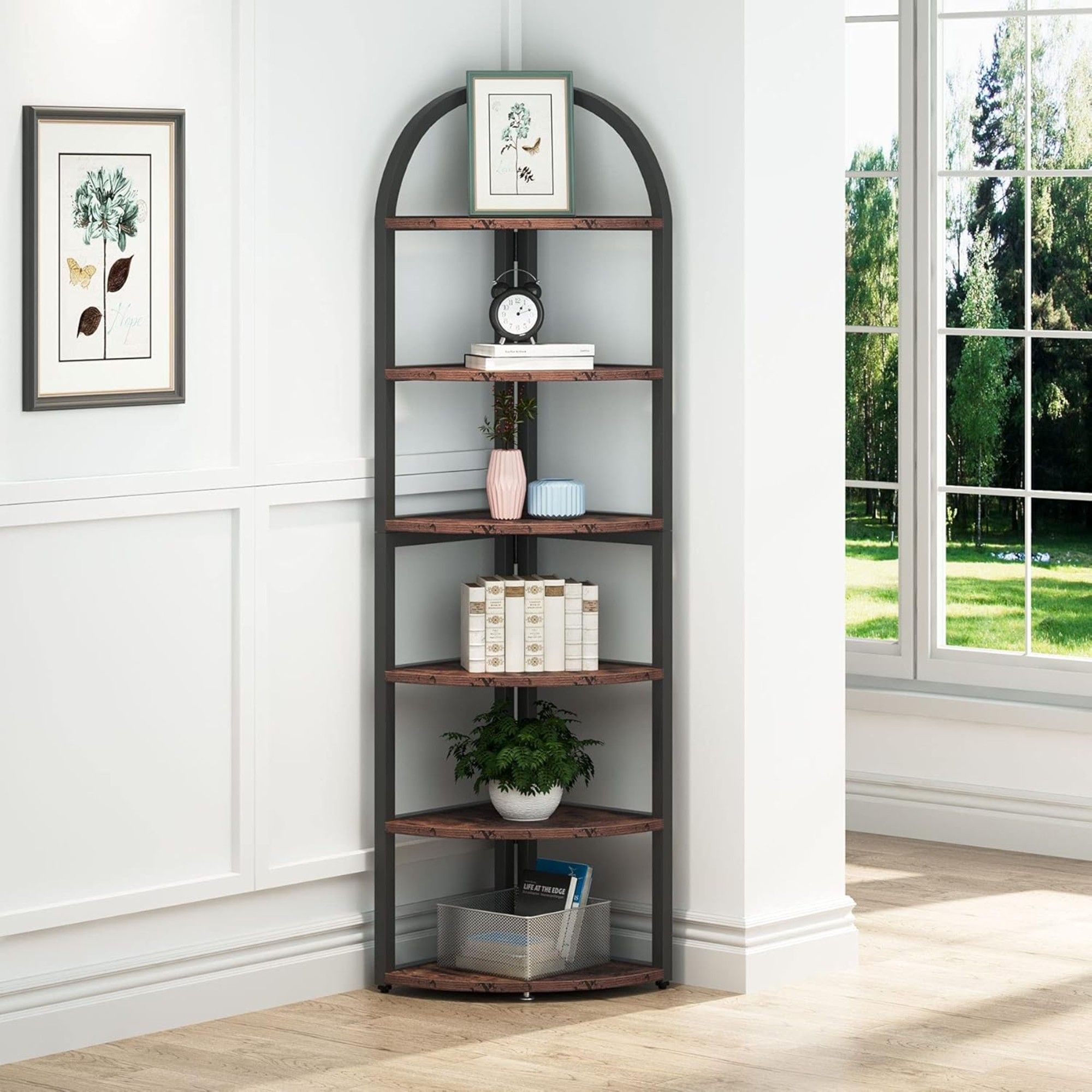 Tall 6 Tier Corner Shelf, Freestanding Bookshelf For Living Room - Rustic Brown by HouseOfZazla