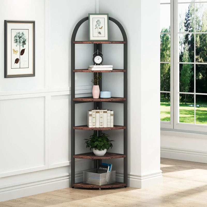 Tall 6 Tier Corner Shelf, Freestanding Bookshelf For Living Room - Rustic Brown by HouseOfZazla