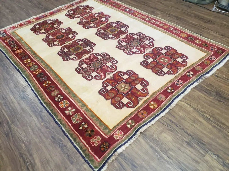 Vintage Persian Gabbeh Rug, Dark Red & Cream, Hand-Knotted, 5' x 6' 4" by Jewel Rugs