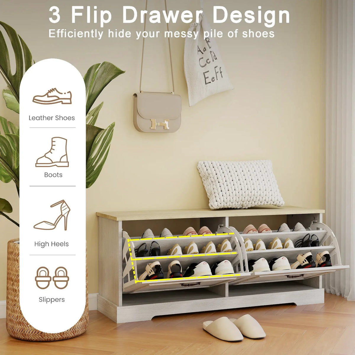 Shoe Storage Bench with 2 Flip Drawers and Adjustable Shelf - Antique by HouseOfZazla
