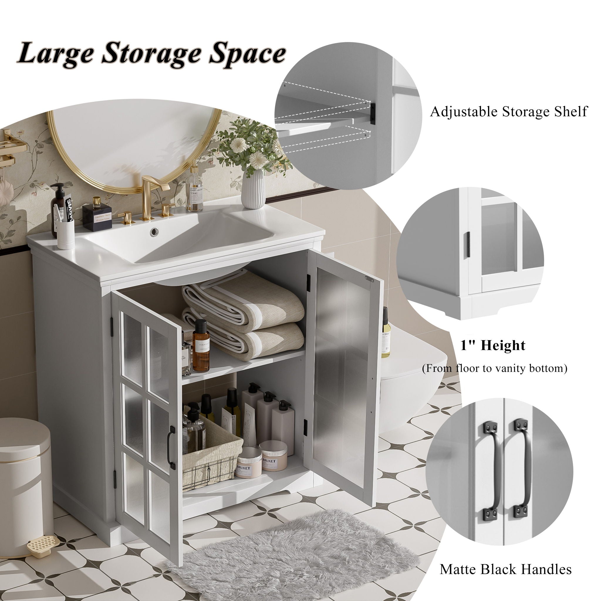 Modern Bathroom Vanity With Ceramic Sink, Tempered Blurred Glass Doors by HouseOfZazla