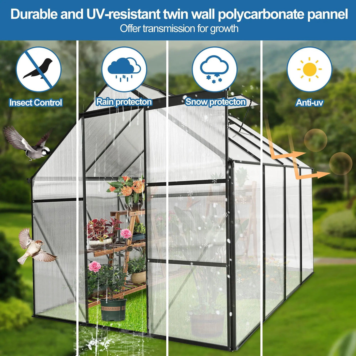 Polycarbonate house Raised Base And Anchor Aluminum Heavy Duty Walk-In houses For Outdoor Backyard In All Season by HouseOfZazla