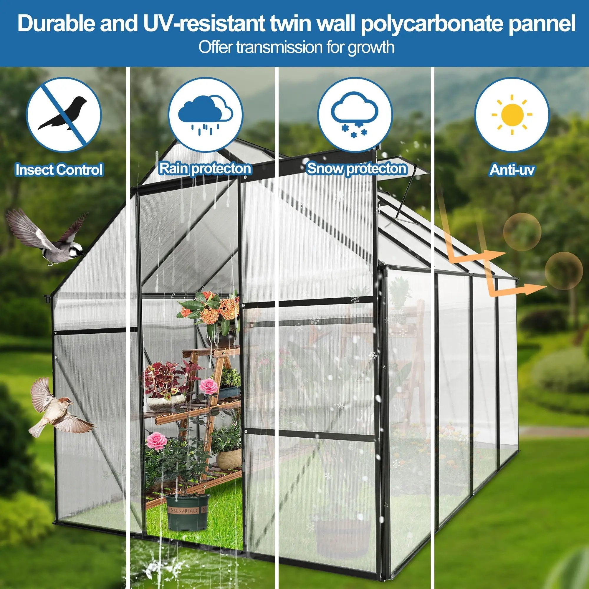 Polycarbonate house Raised Base And Anchor Aluminum Heavy Duty Walk-In houses For Outdoor Backyard In All Season by HouseOfZazla