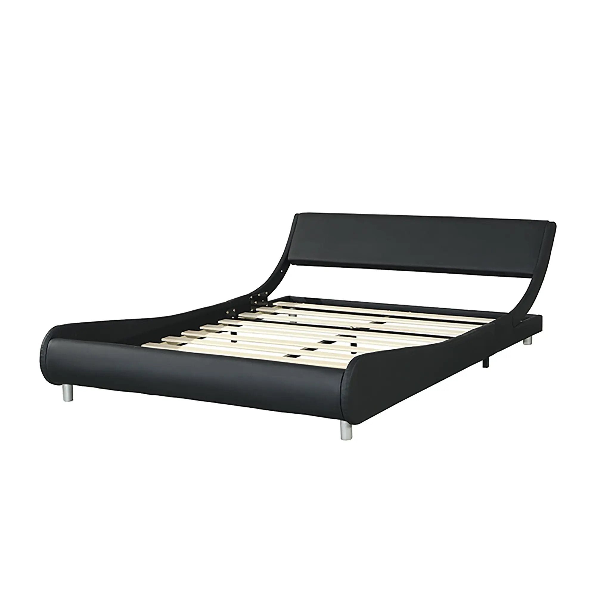 Queen Size Upholstered Platform Bed Frame With LED Lighting, Curve Design, Slat Support, No Box Spring Needed - Black by HouseOfZazla