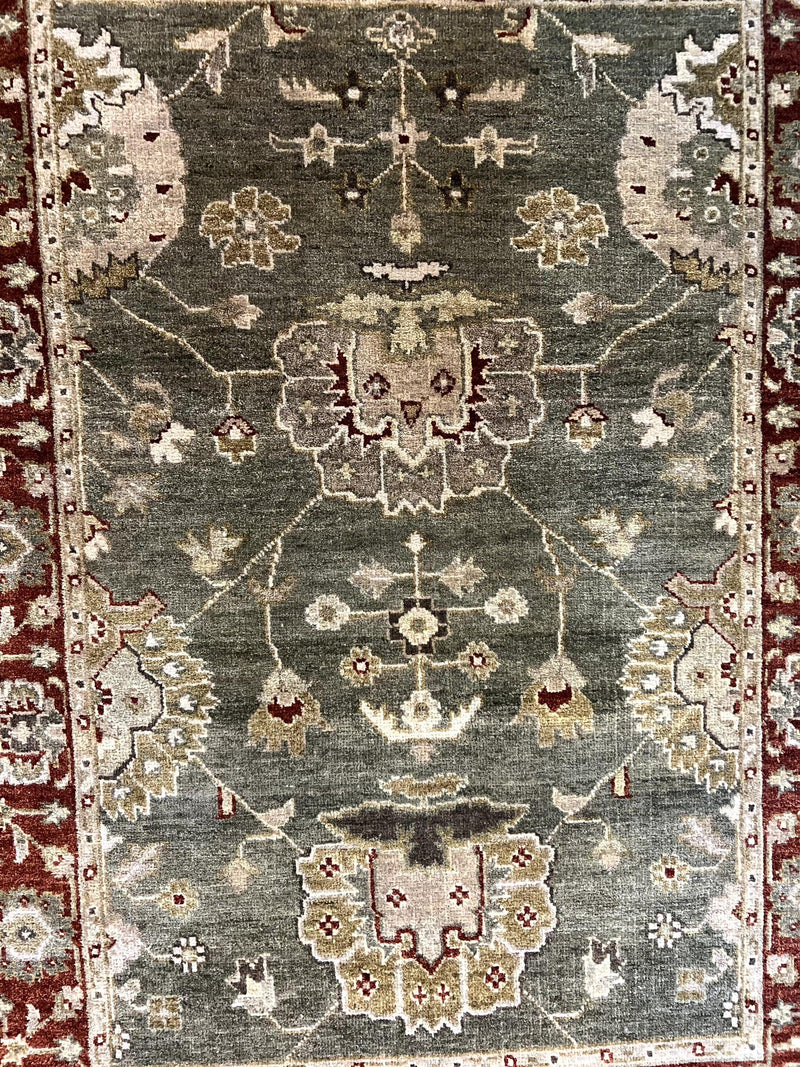Indo Oushak Rug 4x6, Green and Maroon, Vintage Wool Floral Rug, Indian Agra Rug by Jewel Rugs
