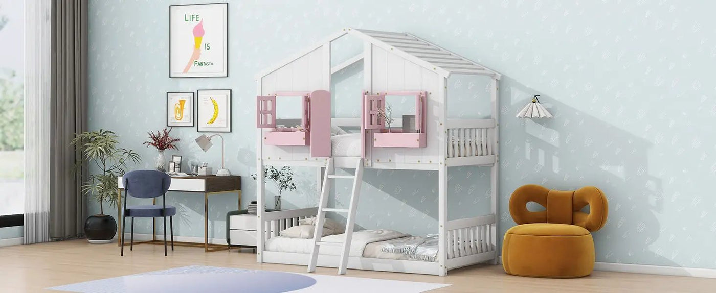House Bunk Bed With Roof, Window, Window Box, Door, With Safety Guardrails And Ladder by HouseOfZazla
