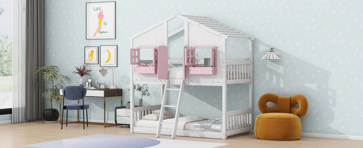 House Bunk Bed with Roof, Windows, and Safety Guardrails – Twin Over Twin, photo 5 of 40