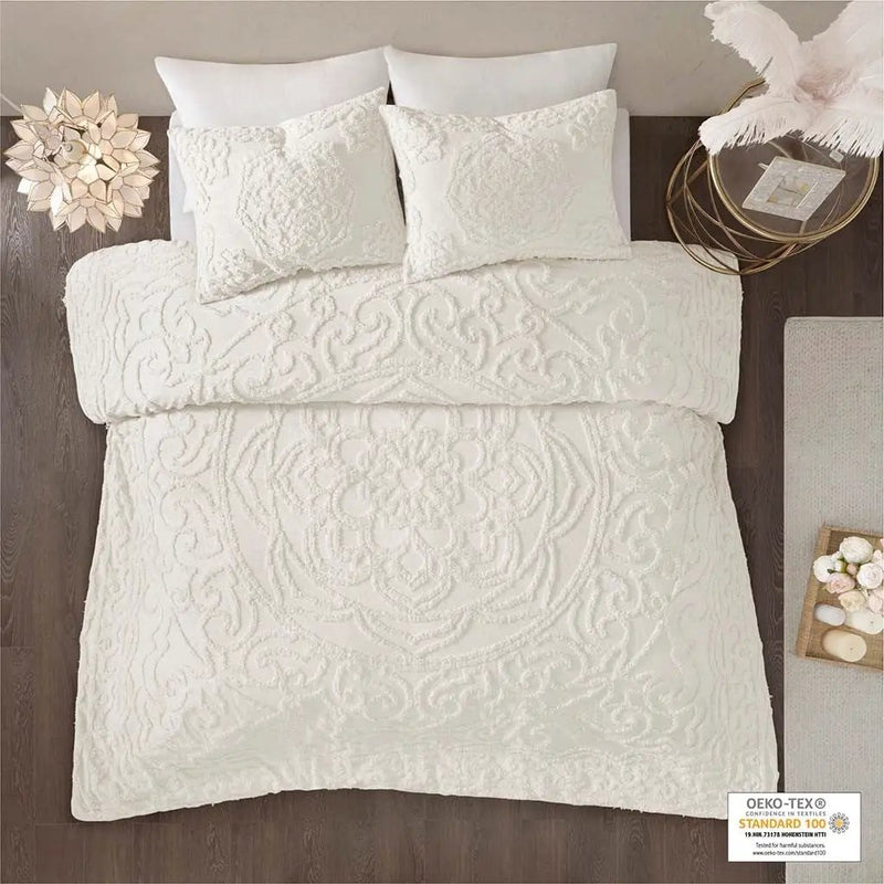 King/Cal King 3-Piece Tufted Cotton Chenille Medallion Duvet Cover Set by HouseOfZazla