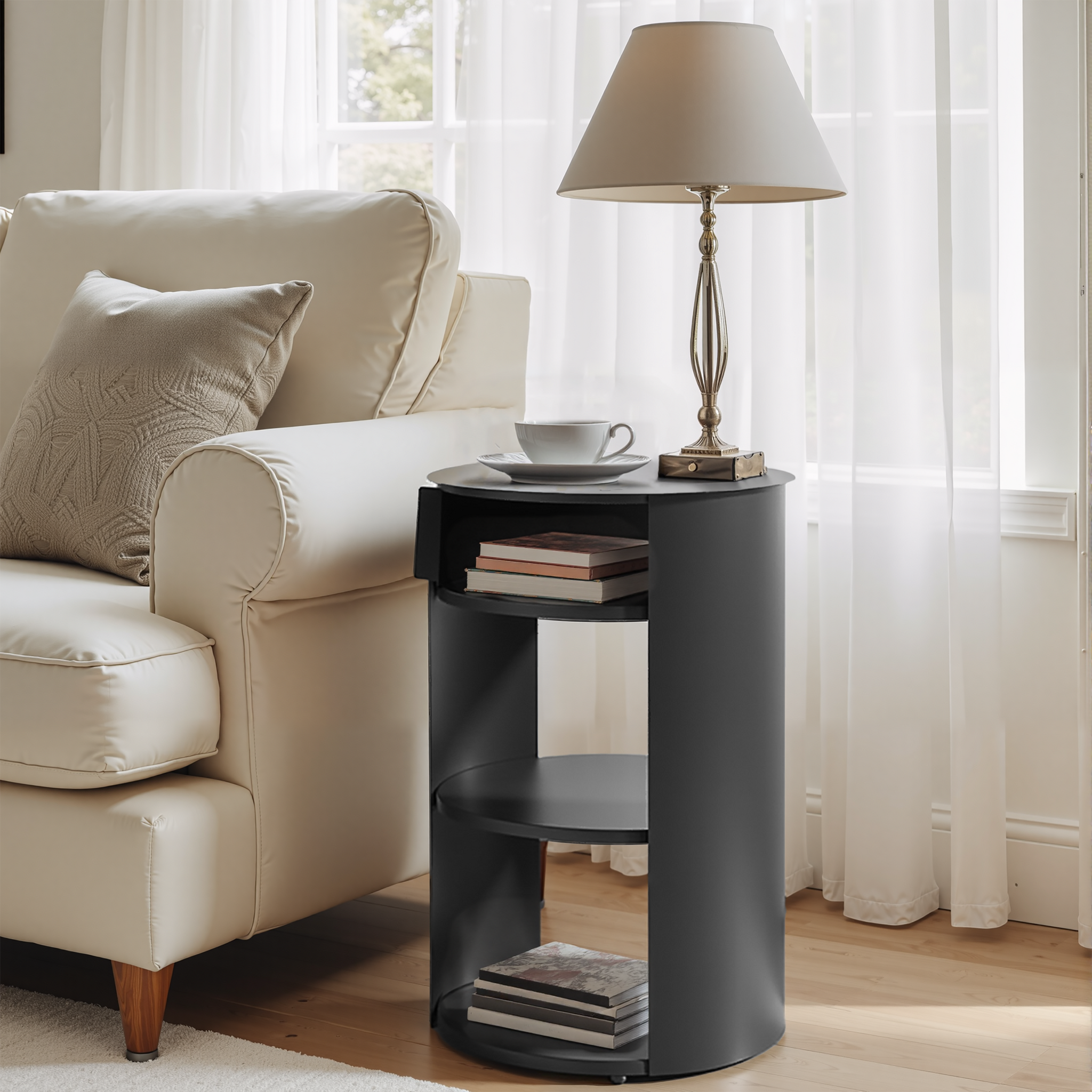 Indoor 3-Tier Metal Round Side Table with Sliding Door Cabinet by HouseOfZazla