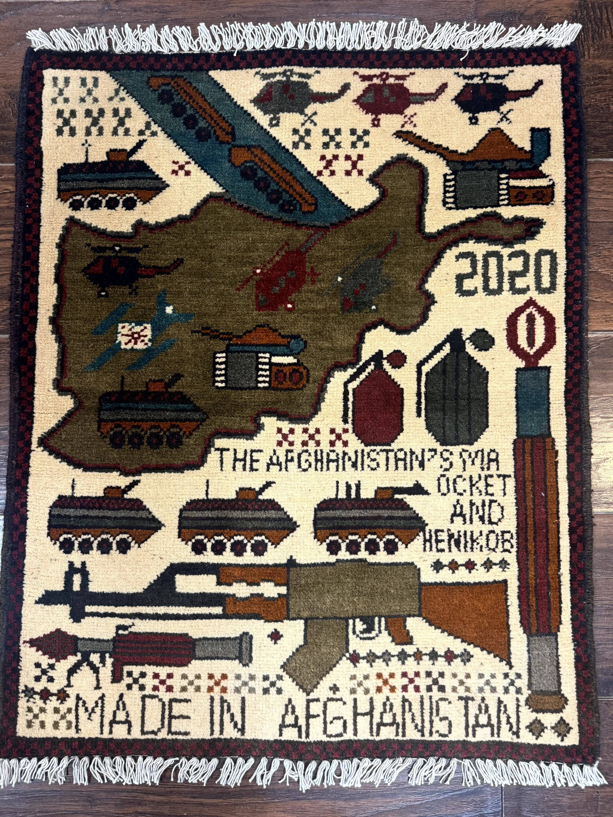Afghan War Rug, Helicopters Tanks Guns, Handmade, Wool, 2x3 by Jewel Rugs