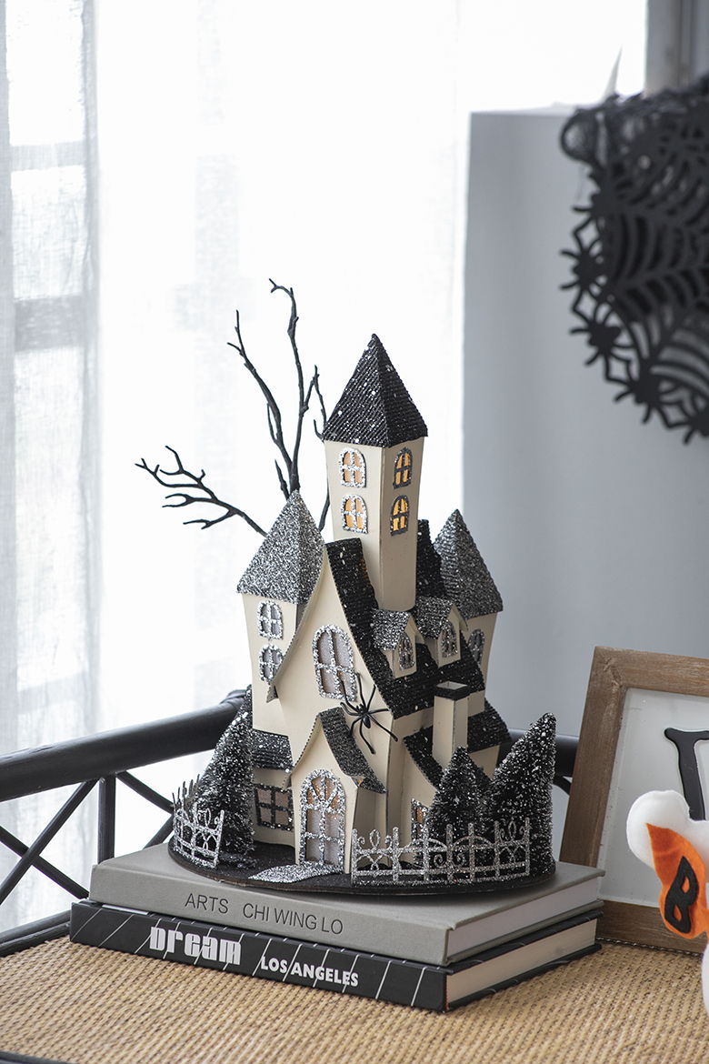 Cardboard Lighted Haunted House with Lights - Beige / Black, photo 3 of 9