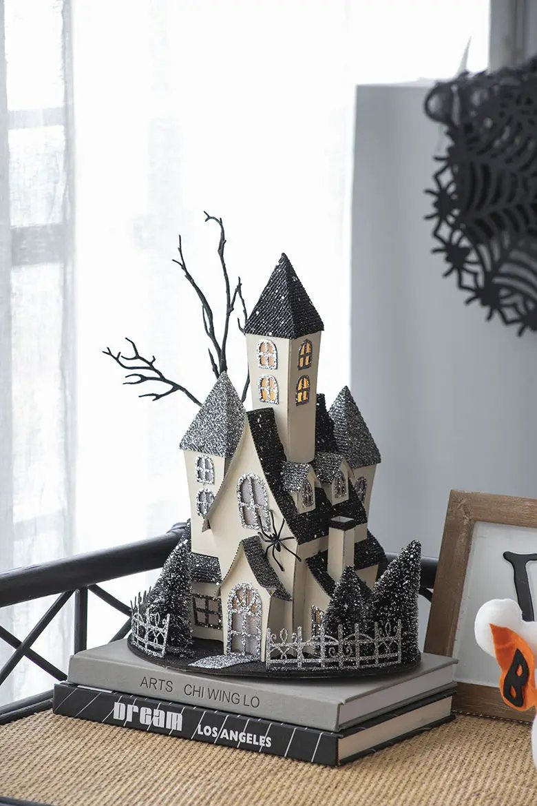 Cardboard Lighted Haunted House, Tabletop Holiday Halloween Decor, Battery Powered - Beige / Black by HouseOfZazla