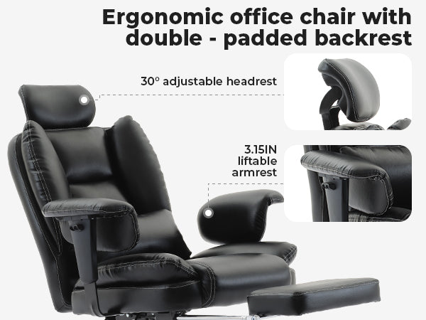 Ergonomic Office Chair with Lumbar Support and Liftable Headrest - Black PU Leather, photo 9 of 10