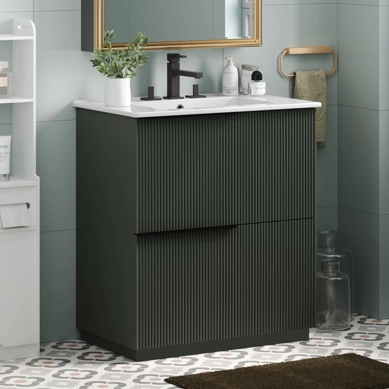 Fluted Bathroom Vanity With Ceramic Sink and Soft-Close Slides by HouseOfZazla