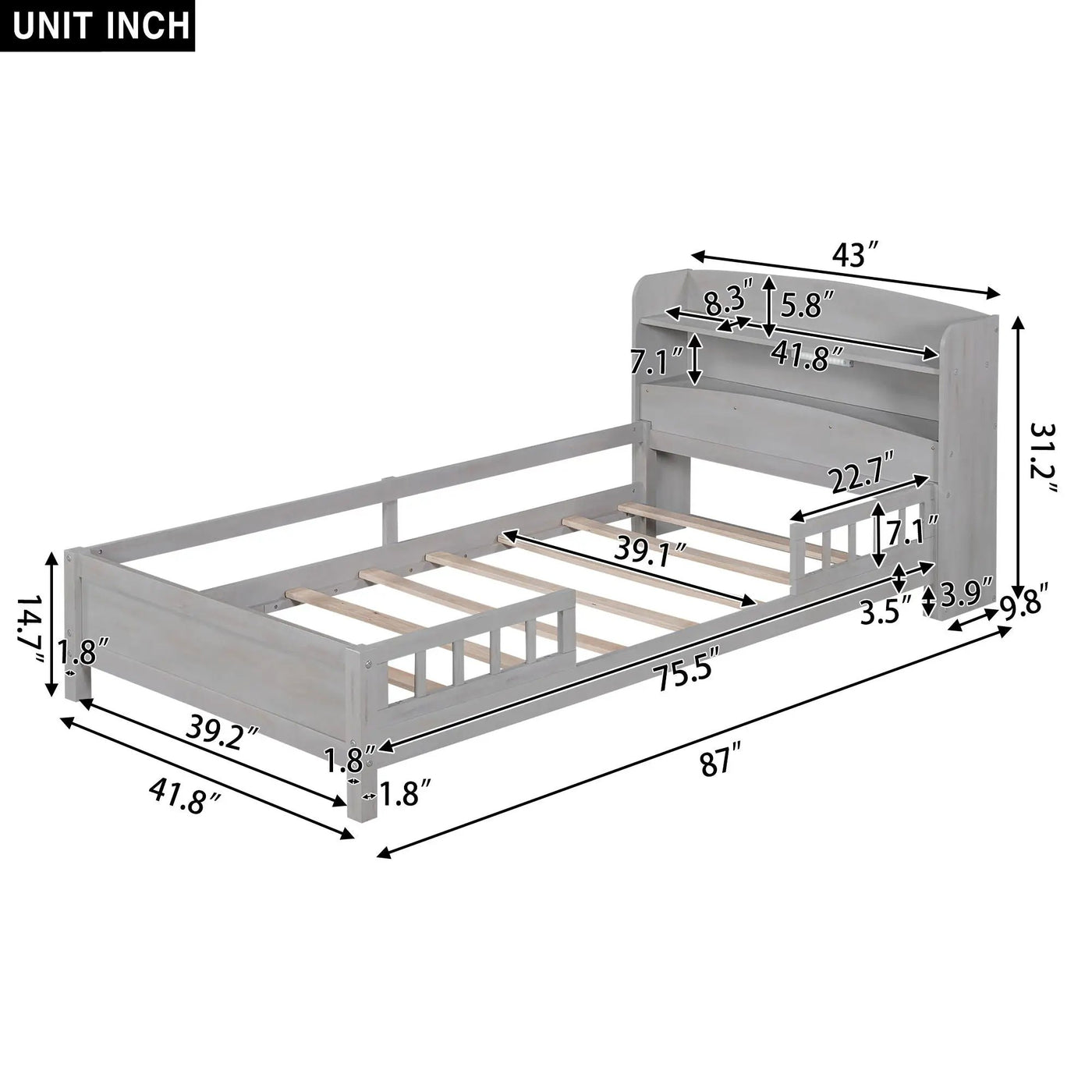 Wood Platform Bed With Built In LED Light, Storage Headboard And Guardrail by HouseOfZazla