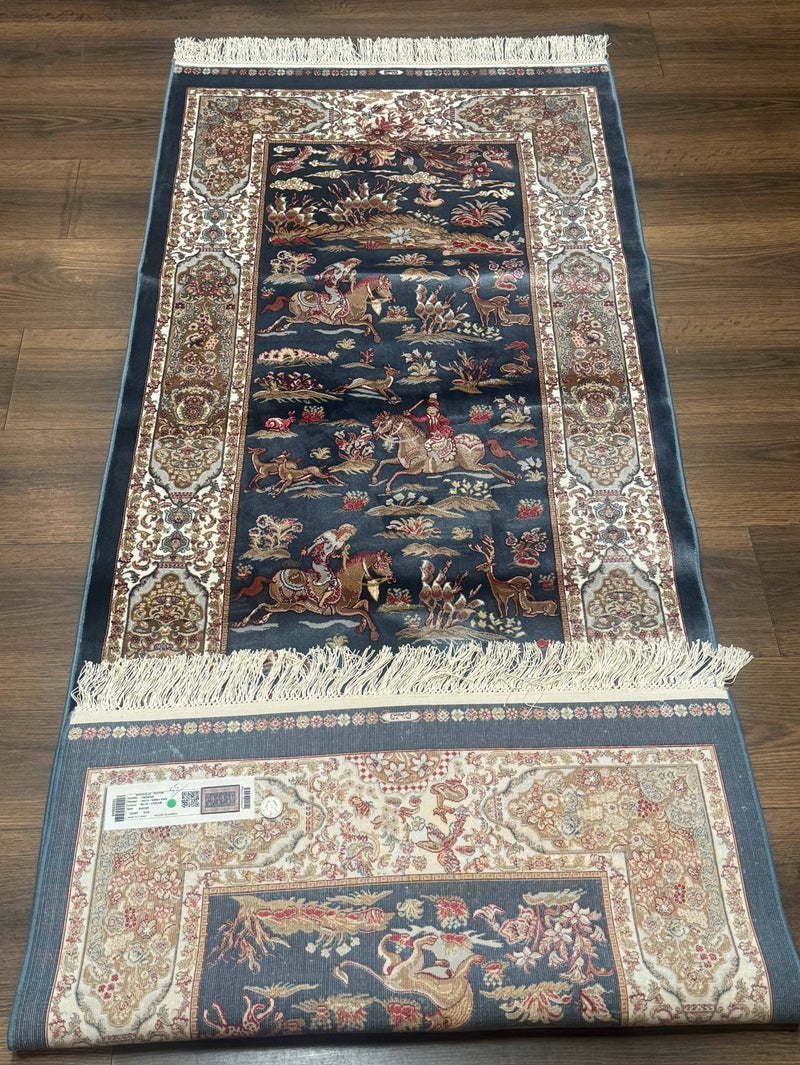 Turkish Silk Rug 2.6 x 6.7, Short Runner Rug, Blue & Ivory, Bamboo Silk, New by Jewel Rugs