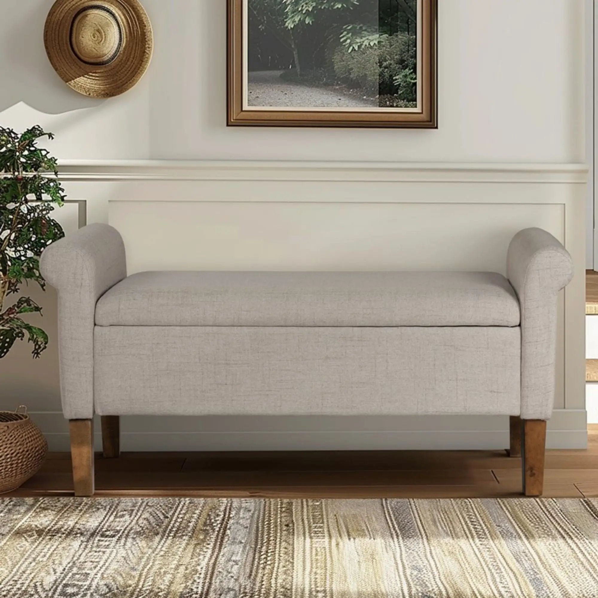 Upholstered Storage Bench With Rolled Armrests - Beige by Unique Piece Furniture