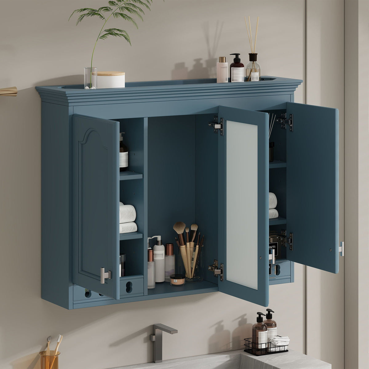 Wall Mount Mirror Cabinet with Adjustable Shelves - Soft Close - White or Blue, photo 3 of 29
