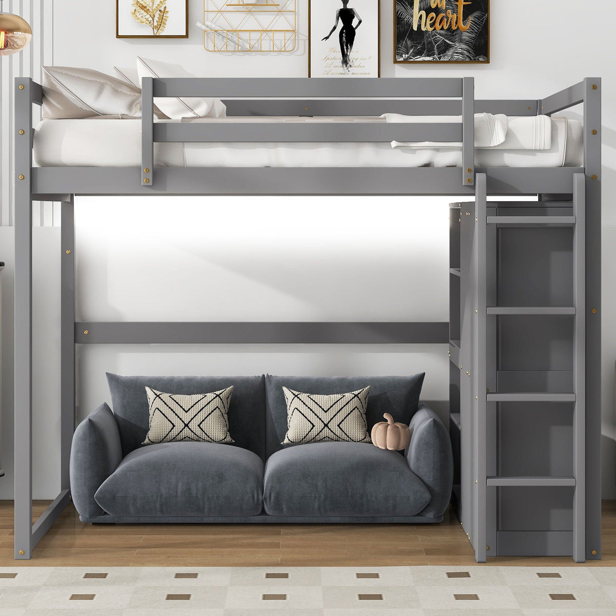 Full Size Loft Bed with Built-In Wardrobe, Storage Shelves & LED Light - White or Dark Gray, photo 5 of 31
