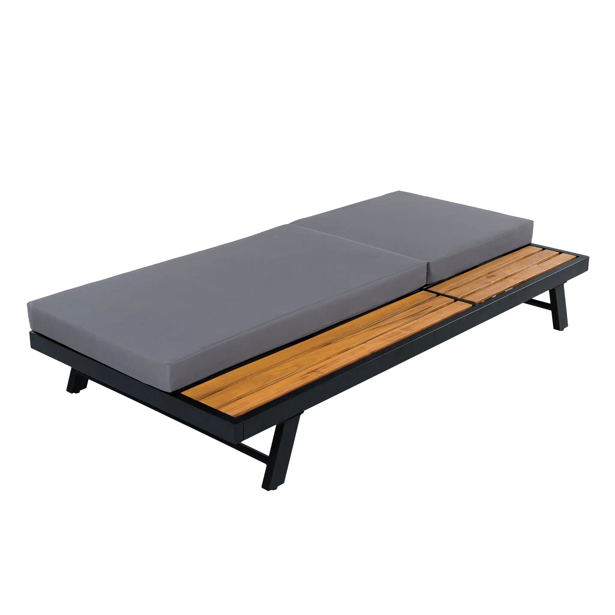 Black Iron + Teak Finish Chaise Lounge Set with Dark Grey Cushion by HouseOfZazla