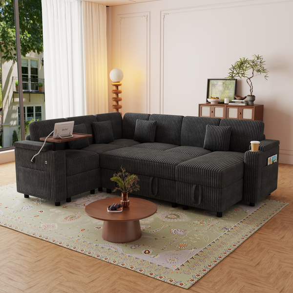 100-Inch Pull-Out Sofa with USB Ports and Cup Holder - Corduroy, photo 2 of 10