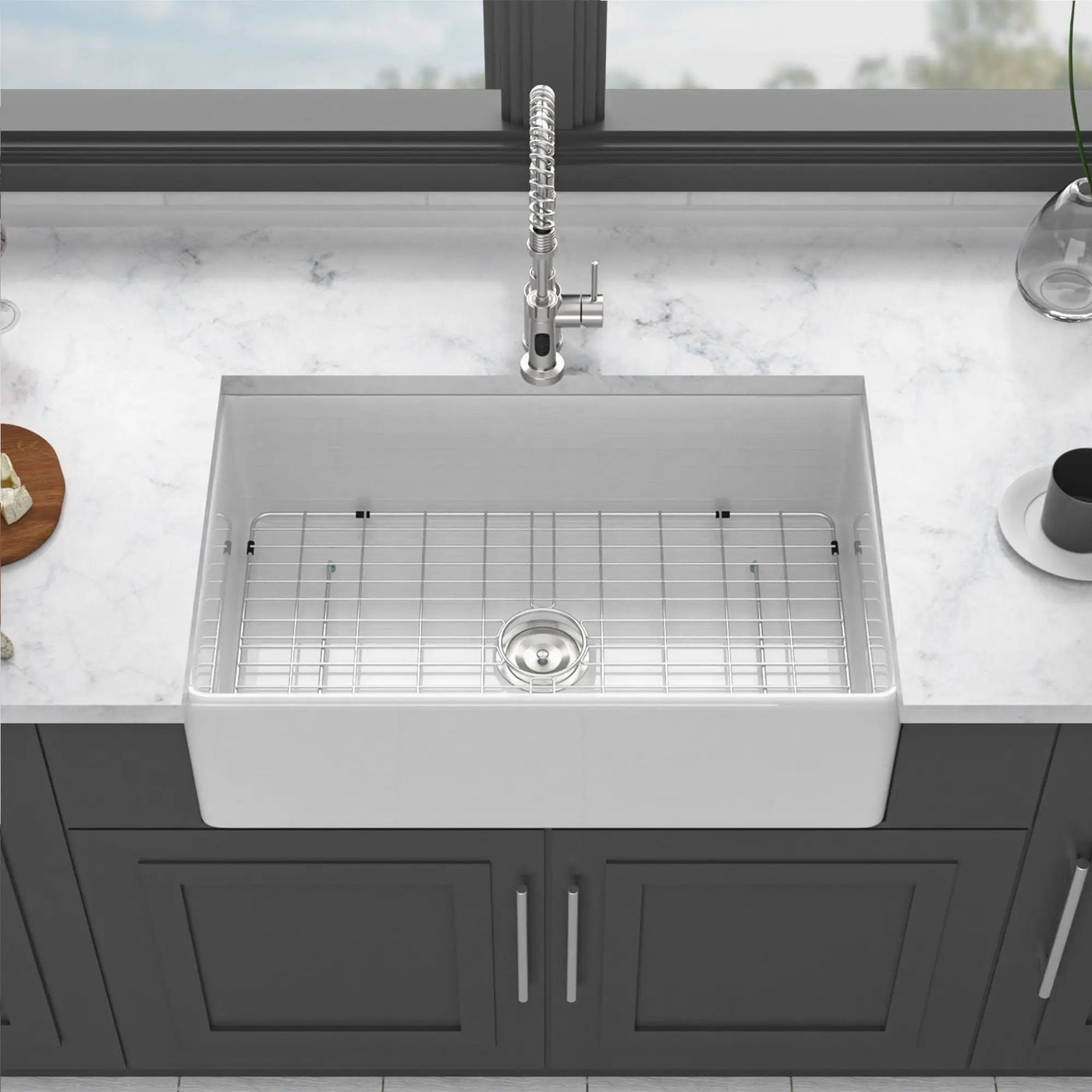 Ceramic Farmhouse Sink With Deep Basin And Stainless Steel Grid by HouseOfZazla