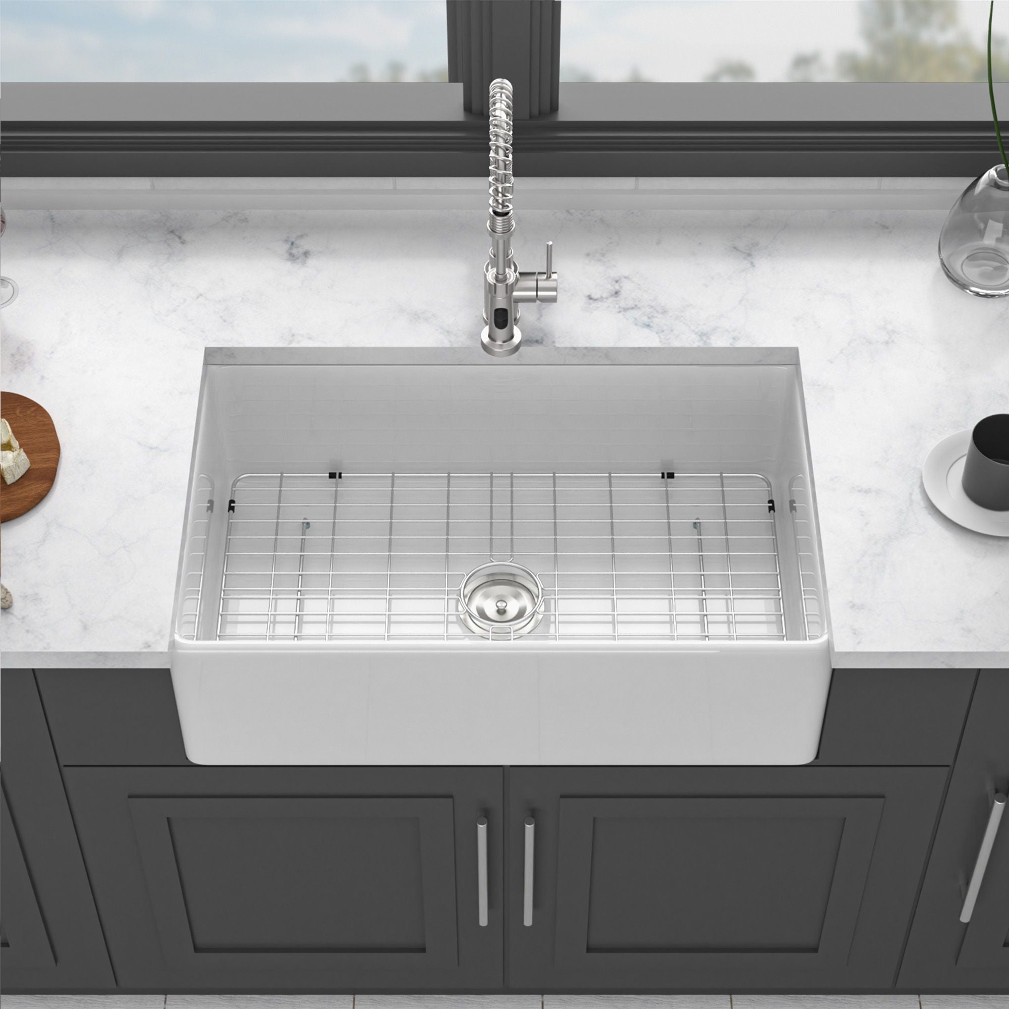 Ceramic Farmhouse Sink With Deep Basin And Stainless Steel Grid by HouseOfZazla