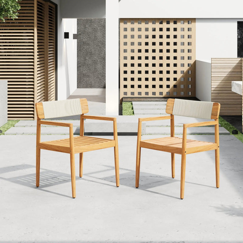 Creative Braided Acacia Wood Outdoor Dining Chairs with Armrests (Set of 2) - Teak / White by HouseOfZazla