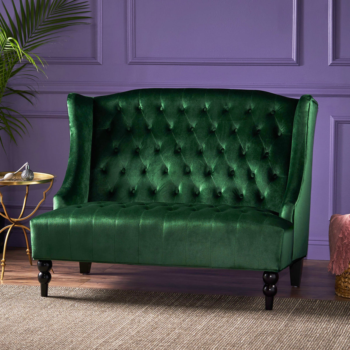 Modern Glam Velvet Loveseat with Button-Tufted Detail - Emerald, photo 4 of 10